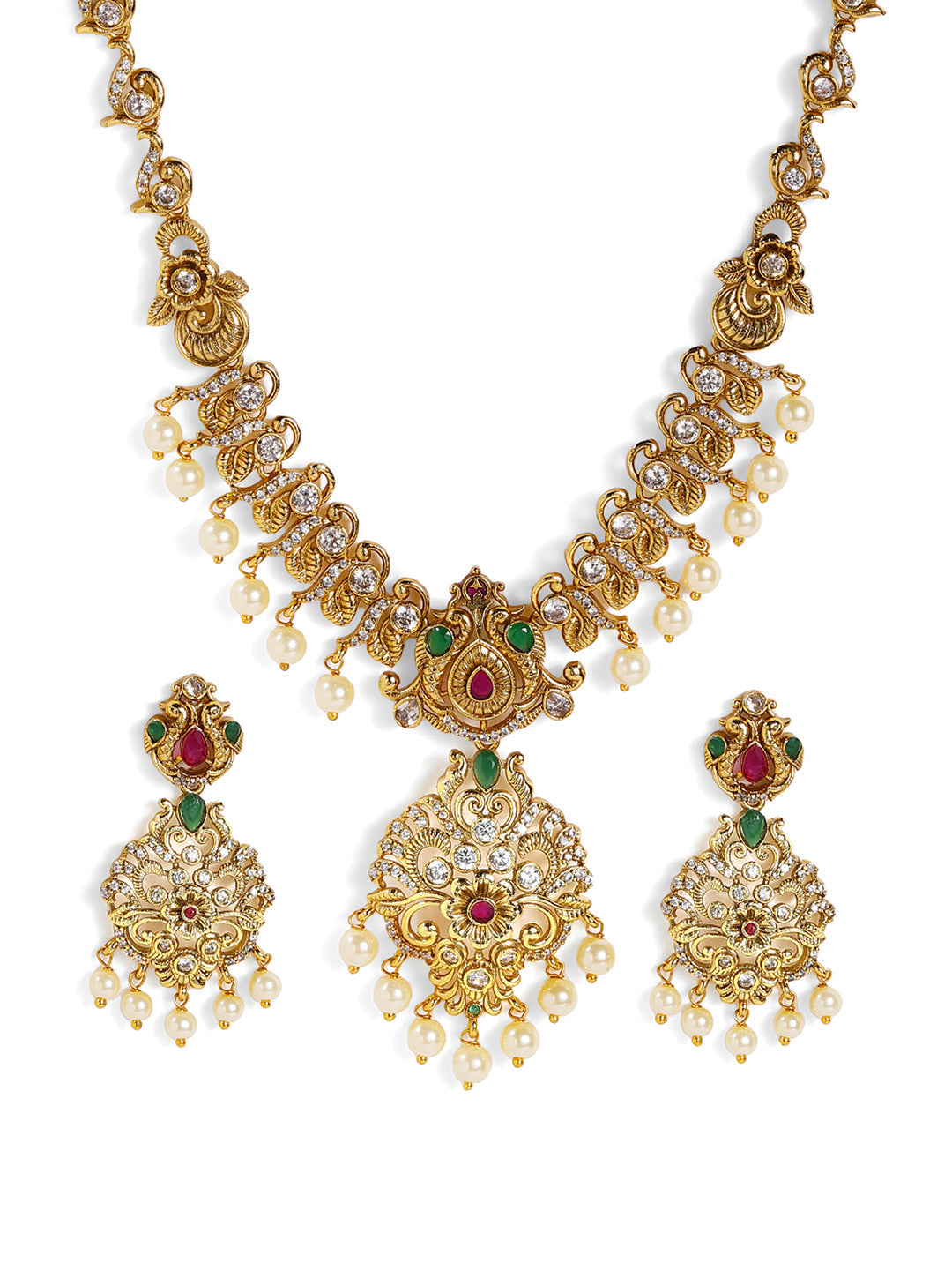 Multicolor stoned Floral Elegance Gold Plated necklace Drop Earrings Jewellery Set