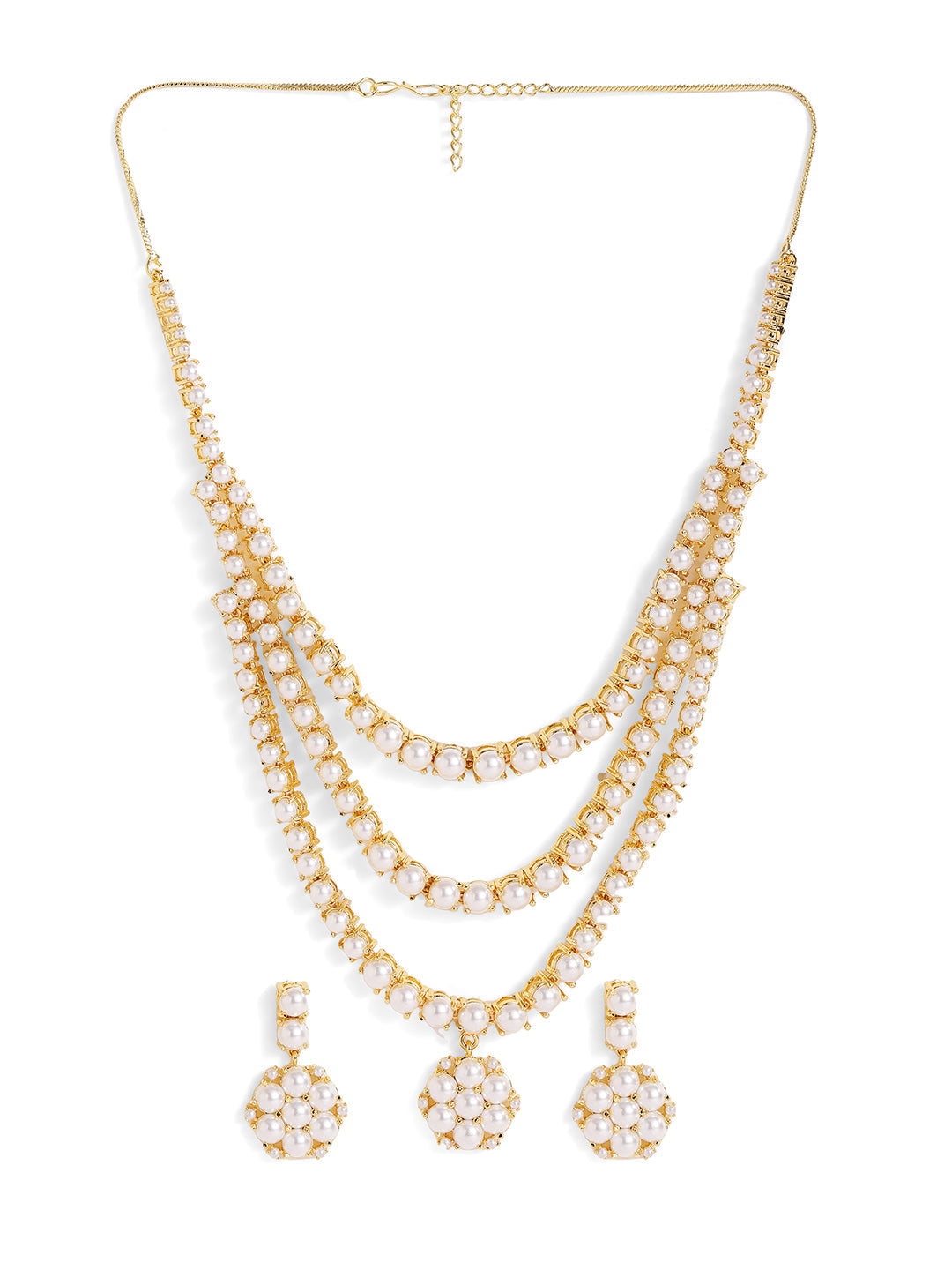 Floral Pattern Pearl Studded Three Layered necklace and Drop Earrings Jewellery Set