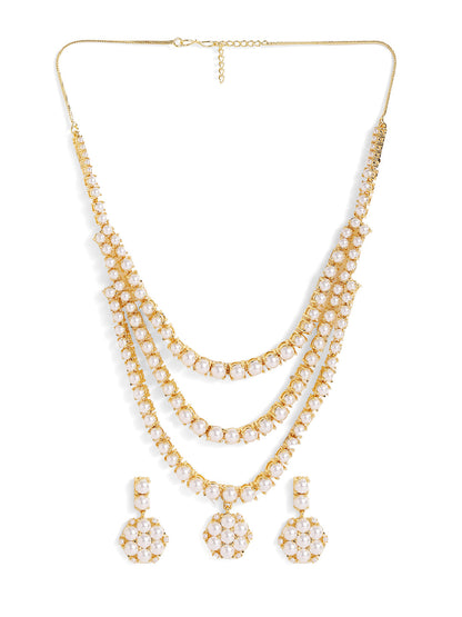 Floral Pattern Pearl Studded Three Layered necklace and Drop Earrings Jewellery Set