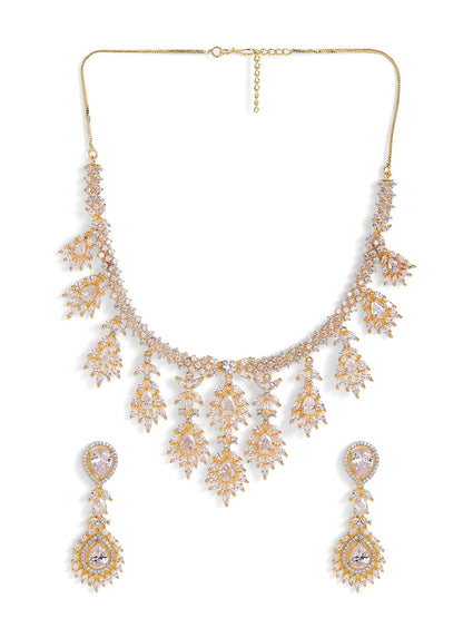 American Diamond Floral Pattern Gold Plated Necklace Drop Earrings Jewellery Set