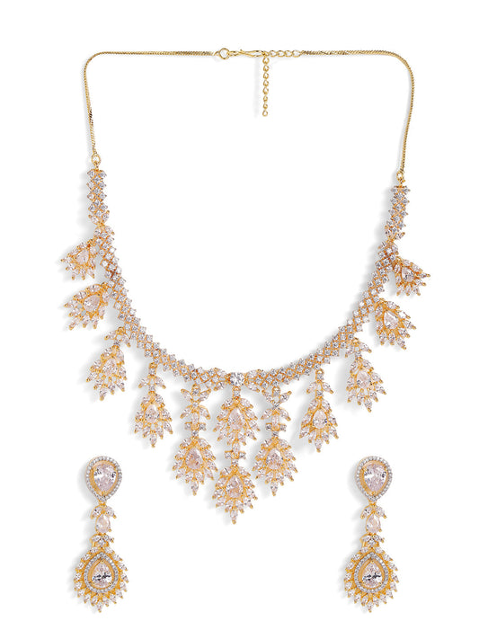 American Diamond Floral Pattern Gold Plated Necklace Drop Earrings Jewellery Set