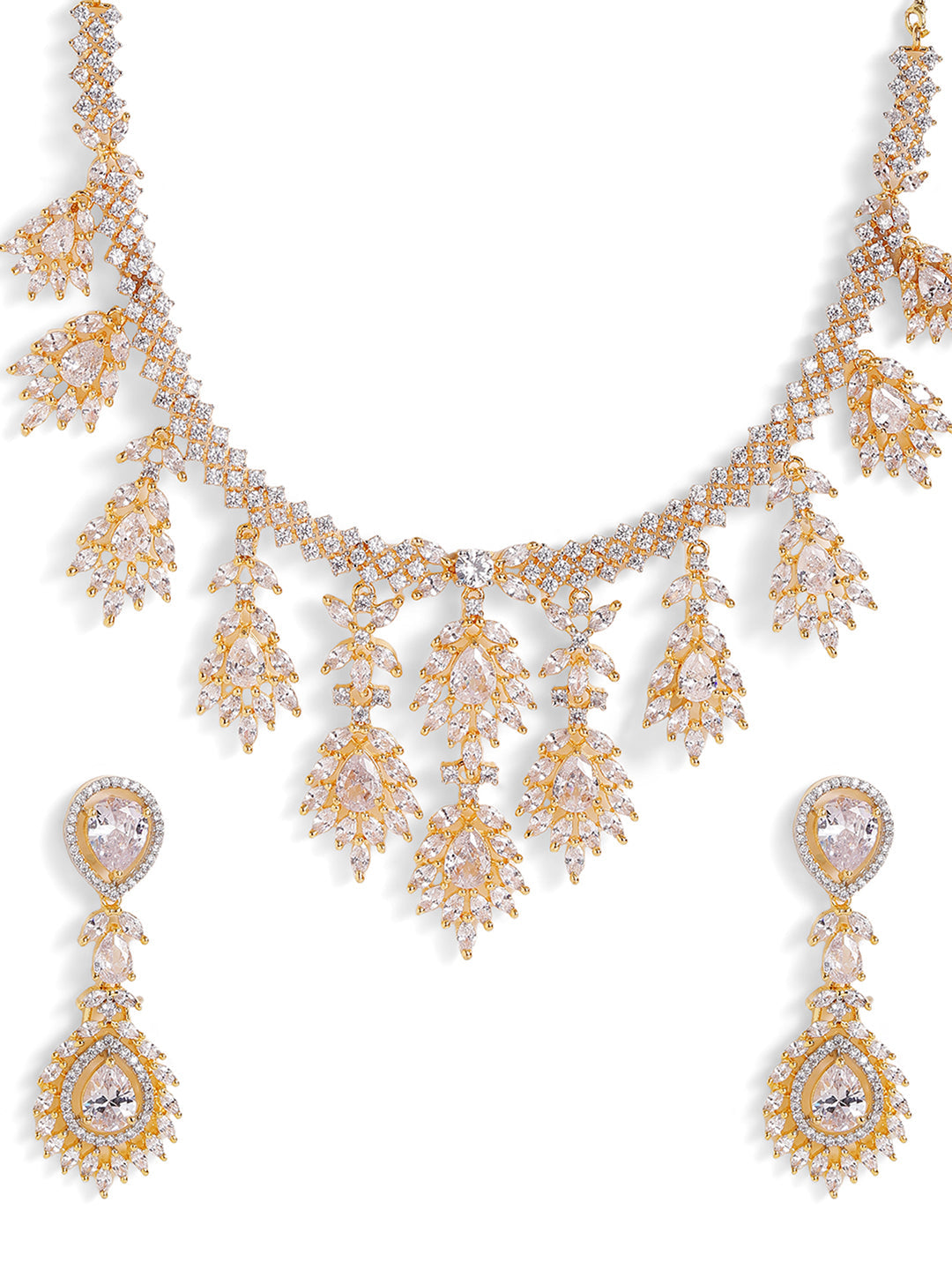 American Diamond Floral Pattern Gold Plated Necklace Drop Earrings Jewellery Set