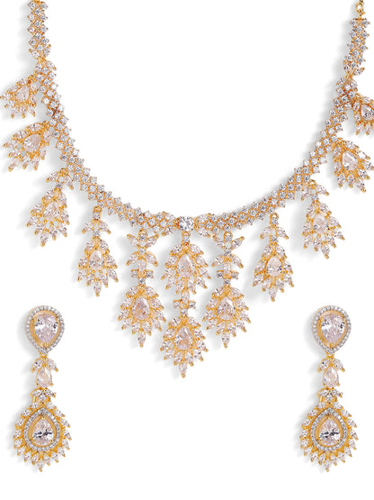 American Diamond Floral Pattern Gold Plated Necklace Drop Earrings Jewellery Set