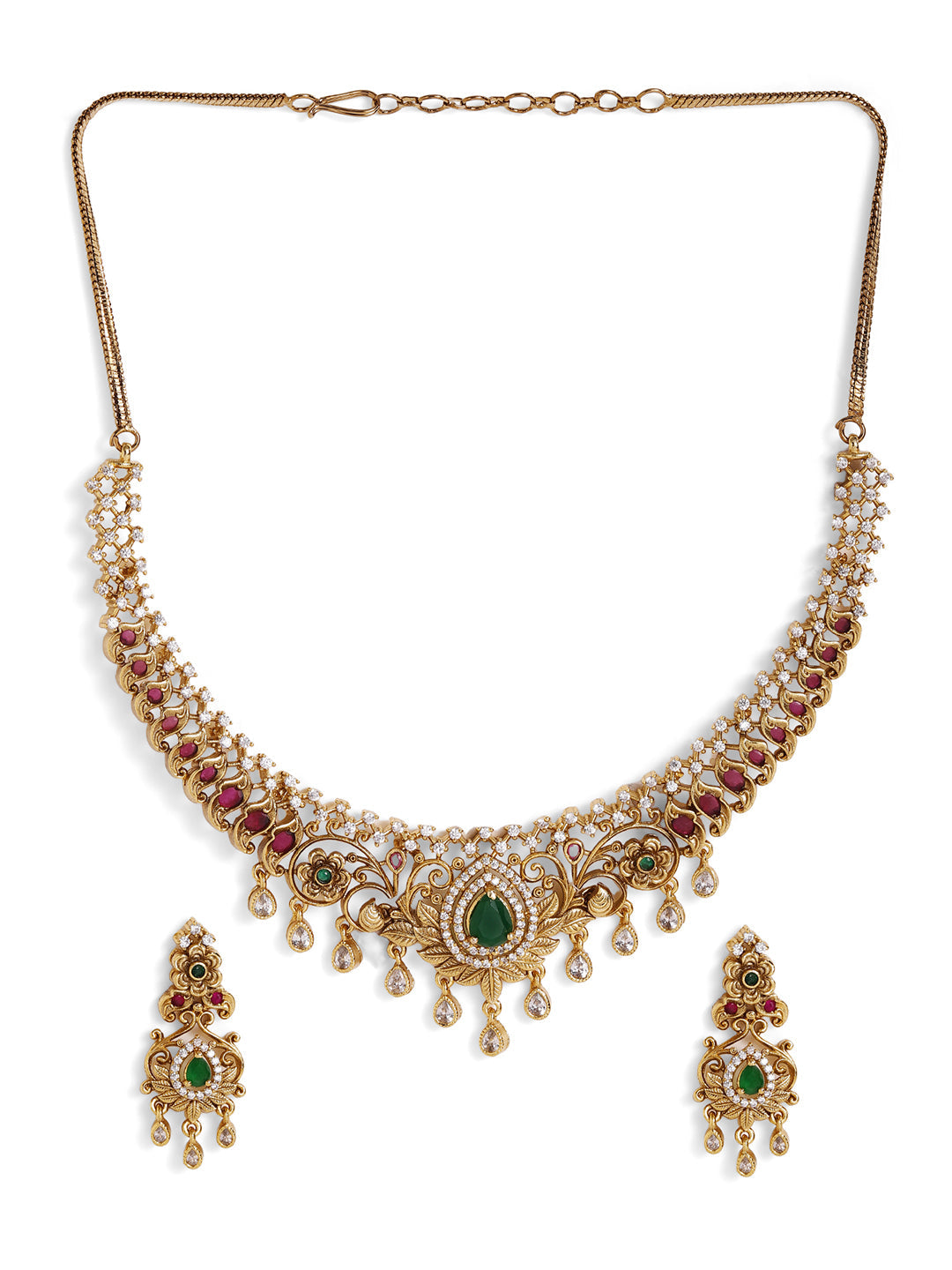 Green Stoned Elegance Gold Plated Floral Pattern Drop Earrings Jewellery Set