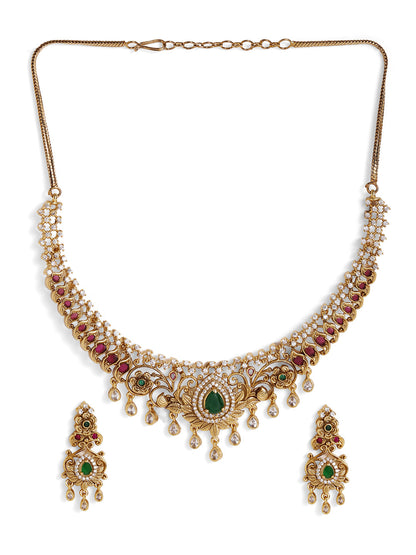 Green Stoned Elegance Gold Plated Floral Pattern Drop Earrings Jewellery Set