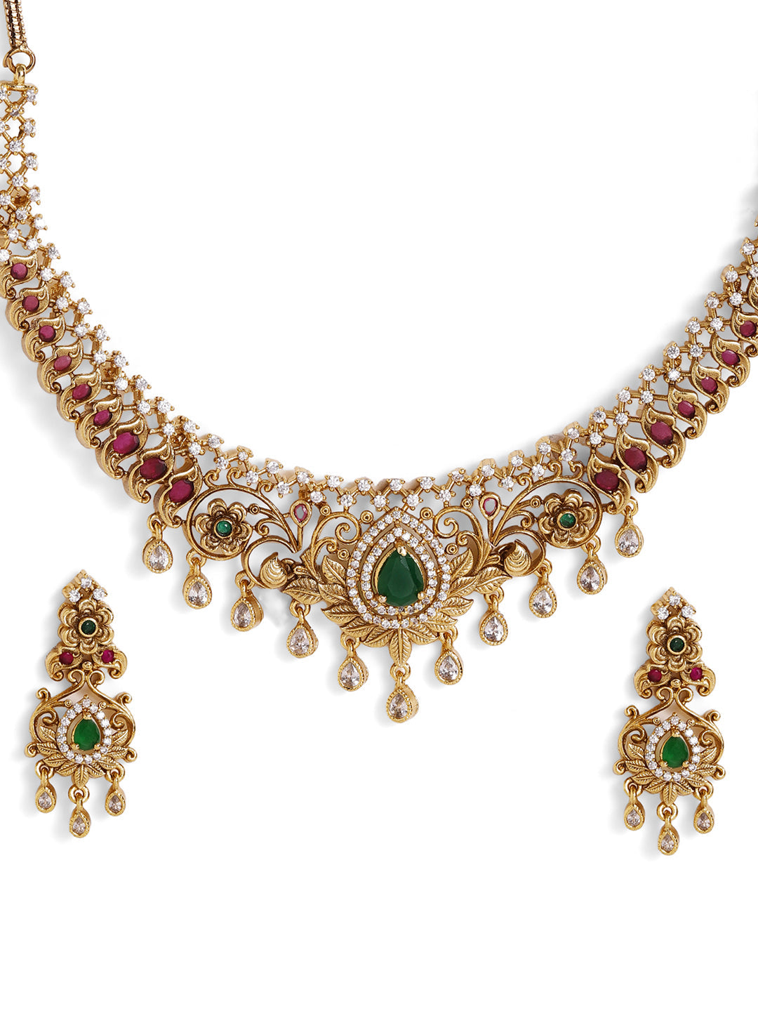 Green Stoned Elegance Gold Plated Floral Pattern Drop Earrings Jewellery Set