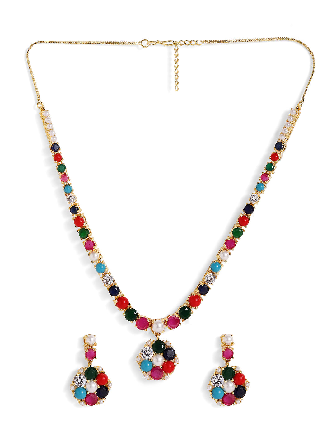 Navaratna Styled Gold Plated Floral Pattern Necklace and Drop Earrings Jewellery Set