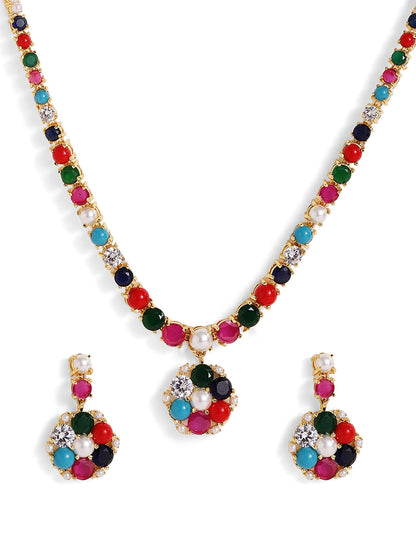 Navaratna Styled Gold Plated Floral Pattern Necklace and Drop Earrings Jewellery Set
