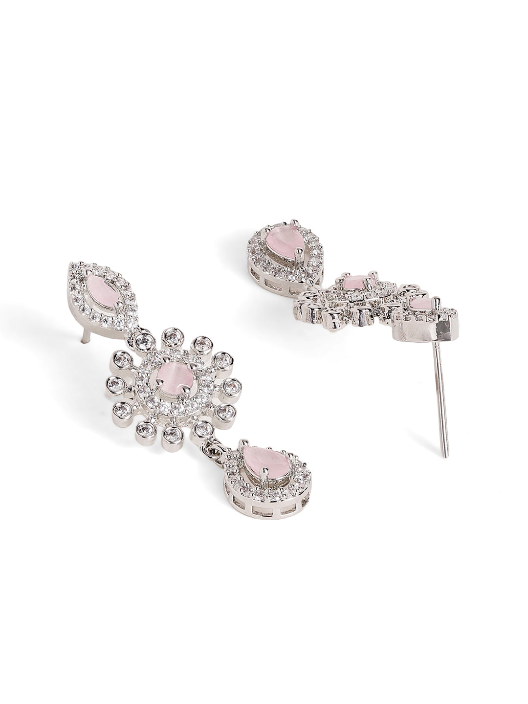 Pink Stoned American Diamond Silver Plated Necklace and Floral Drop Earrings Jewellery Set