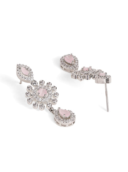 Pink Stoned American Diamond Silver Plated Necklace and Floral Drop Earrings Jewellery Set