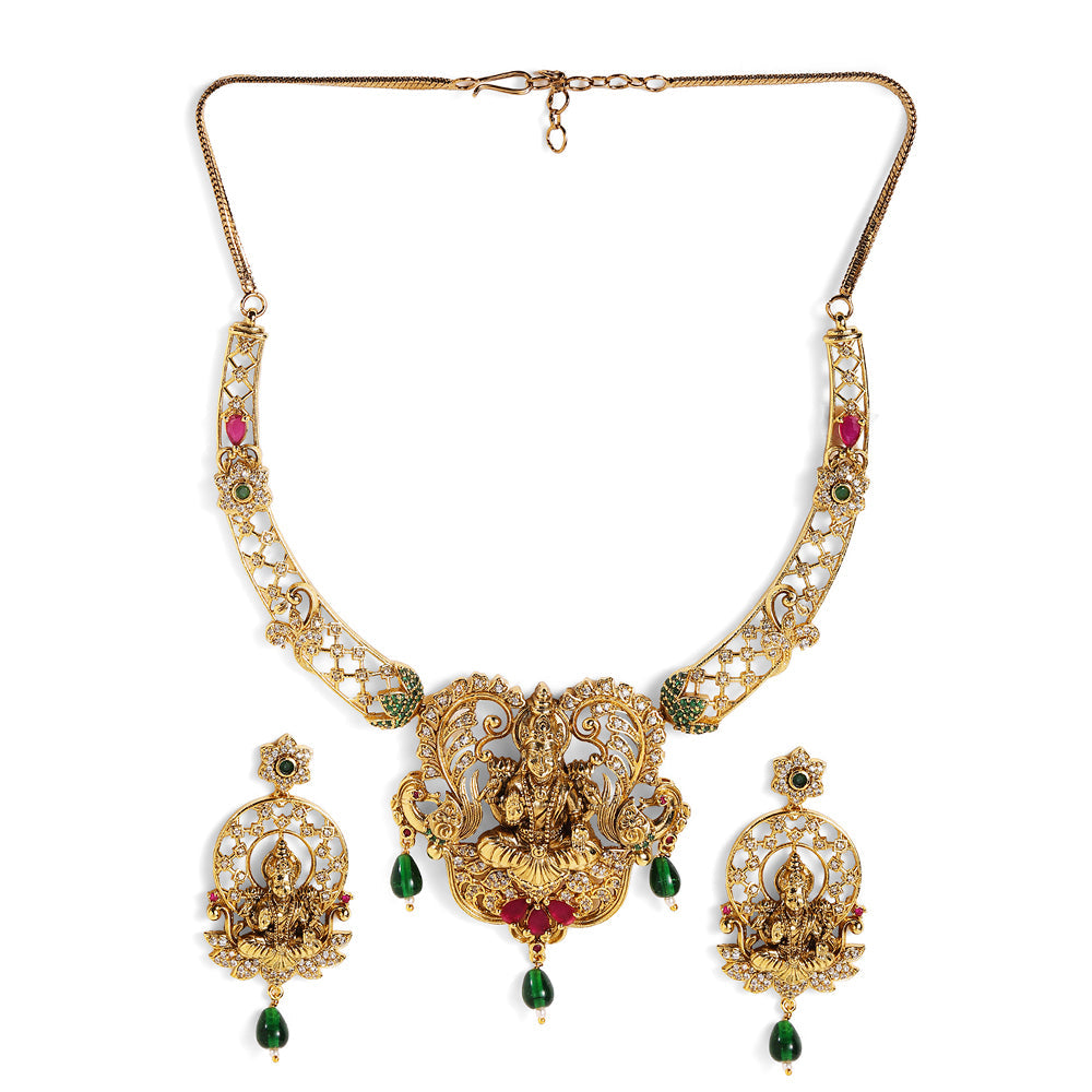Green Beads Goddess Pattern Gold Plated Necklace Drop Earrings Jewellery Set