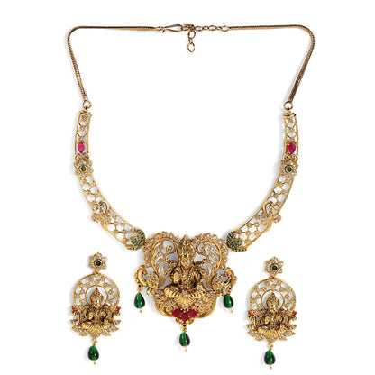 Green Beads Goddess Pattern Gold Plated Necklace Drop Earrings Jewellery Set