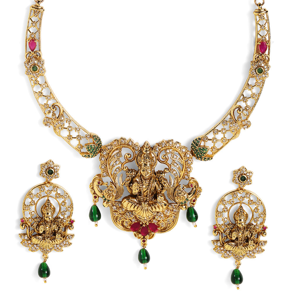 Green Beads Goddess Pattern Gold Plated Necklace Drop Earrings Jewellery Set