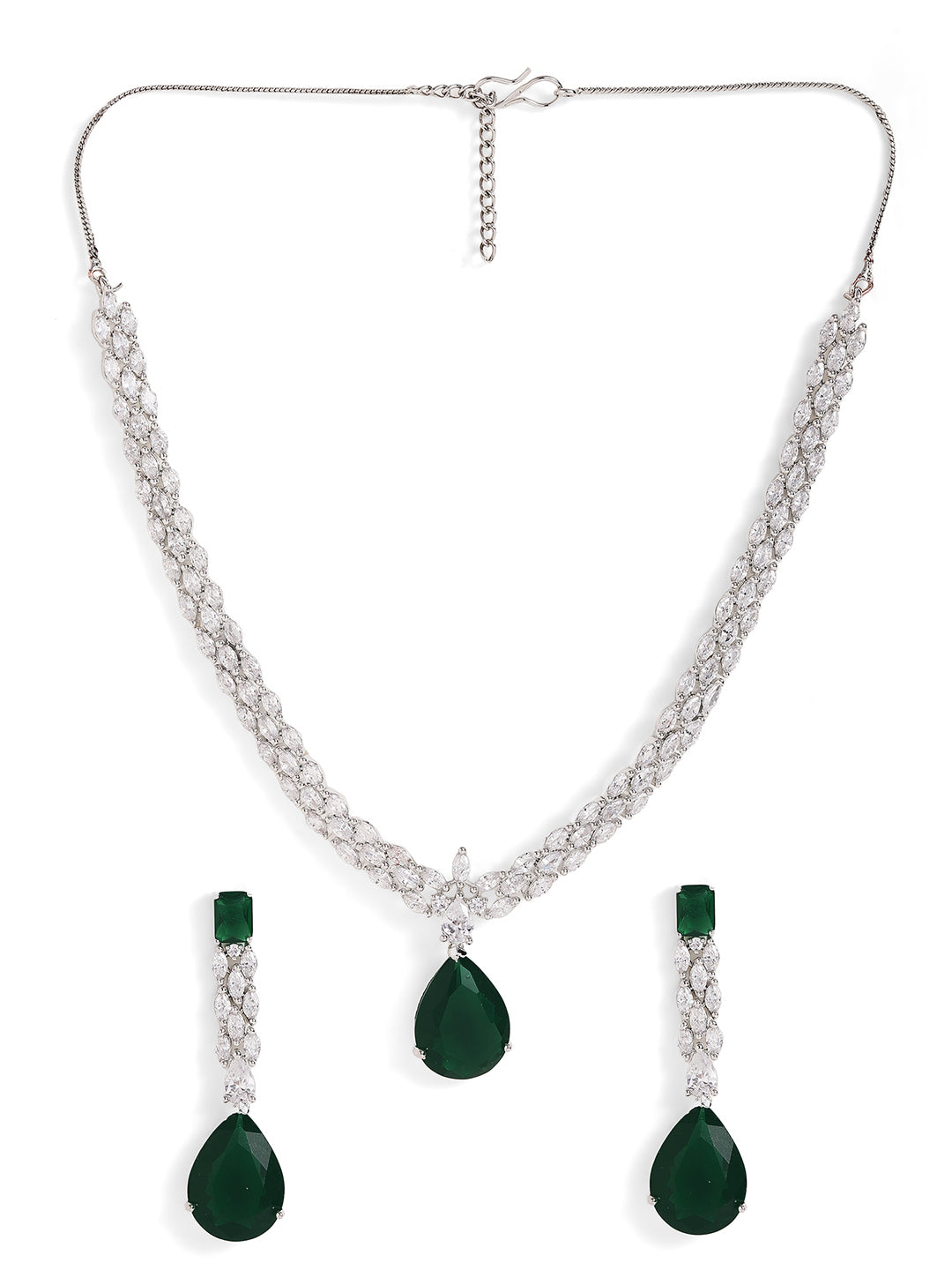 Drop Shaped Emerald American Diamond Silver Plated necklace and Drop Earrings Jewellery Set