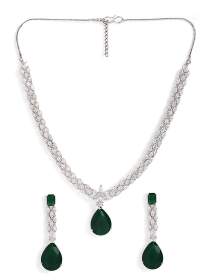 Drop Shaped Emerald American Diamond Silver Plated necklace and Drop Earrings Jewellery Set