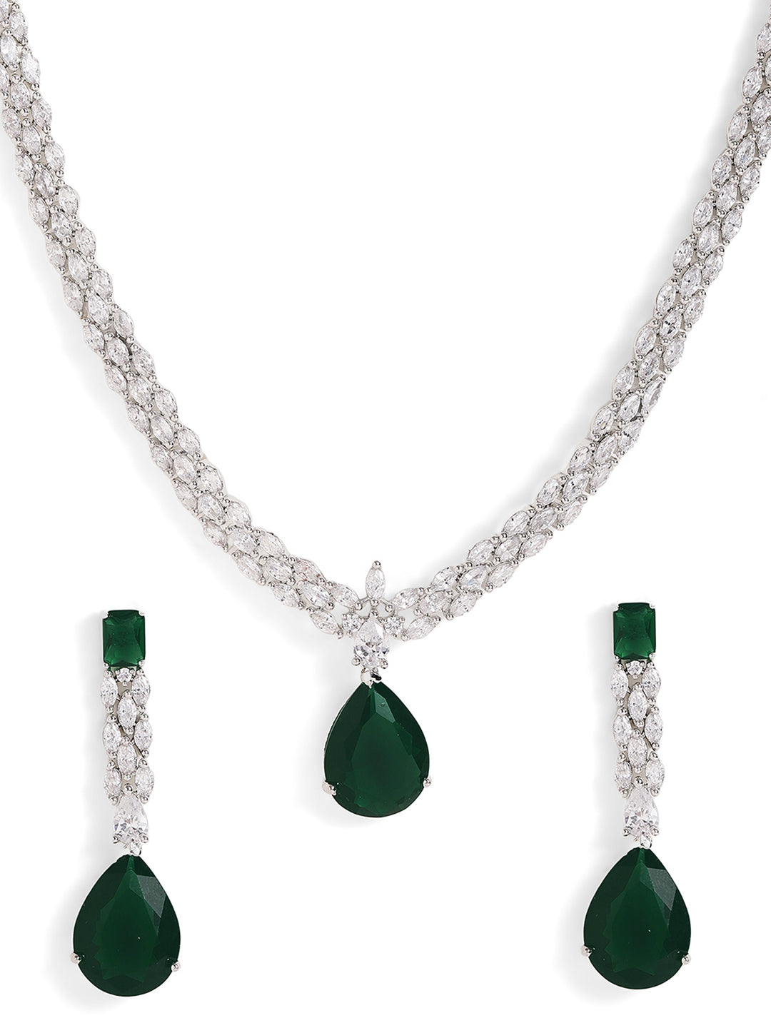 Drop Shaped Emerald American Diamond Silver Plated necklace and Drop Earrings Jewellery Set