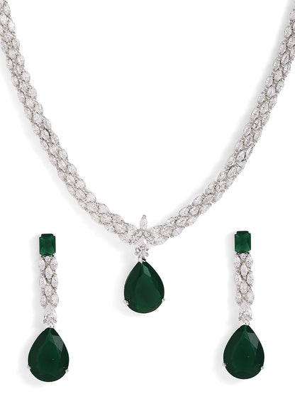 Drop Shaped Emerald American Diamond Silver Plated necklace and Drop Earrings Jewellery Set