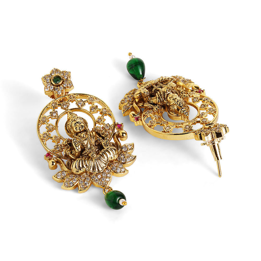 Green Beads Goddess Pattern Gold Plated Necklace Drop Earrings Jewellery Set