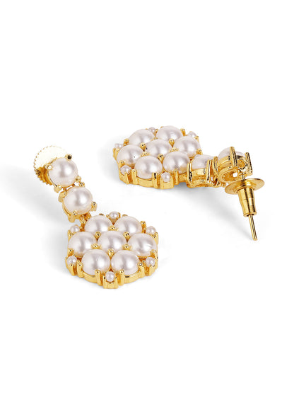 Floral Pattern Pearl Studded Three Layered necklace and Drop Earrings Jewellery Set