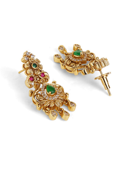 Green Stoned Elegance Gold Plated Floral Pattern Drop Earrings Jewellery Set