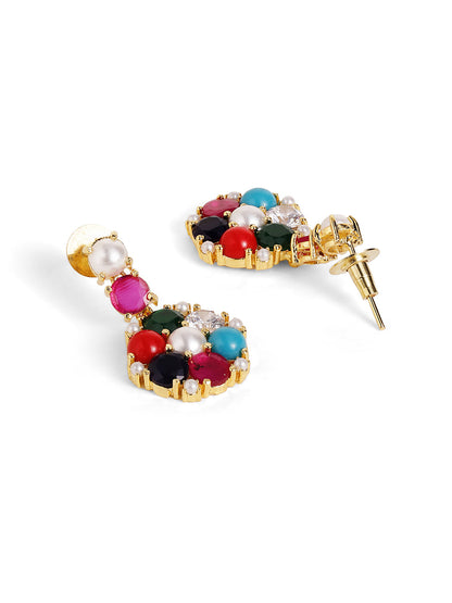 Navaratna Styled Gold Plated Floral Pattern Necklace and Drop Earrings Jewellery Set
