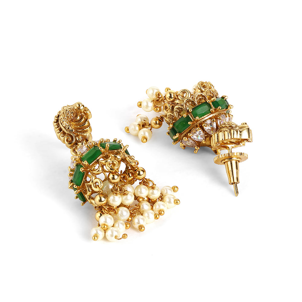 Fish Elegance Floral Pattern Gold Plated Green Stoned Necklace Jhumkis Jewellery Set