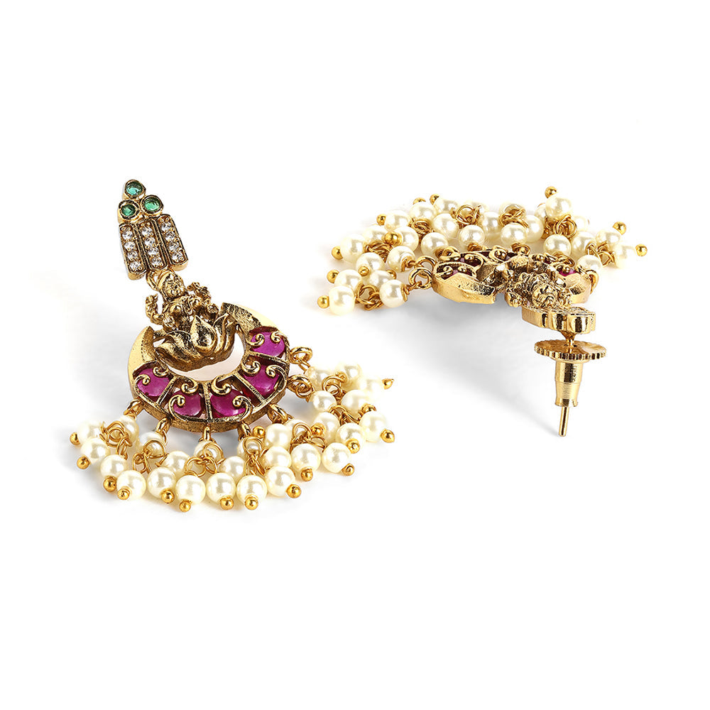 Ruby Pearl Elegance Gold Plated Lakshmi Design Necklace Drop Earrings Jewellery Set