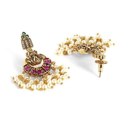 Ruby Pearl Elegance Gold Plated Lakshmi Design Necklace Drop Earrings Jewellery Set