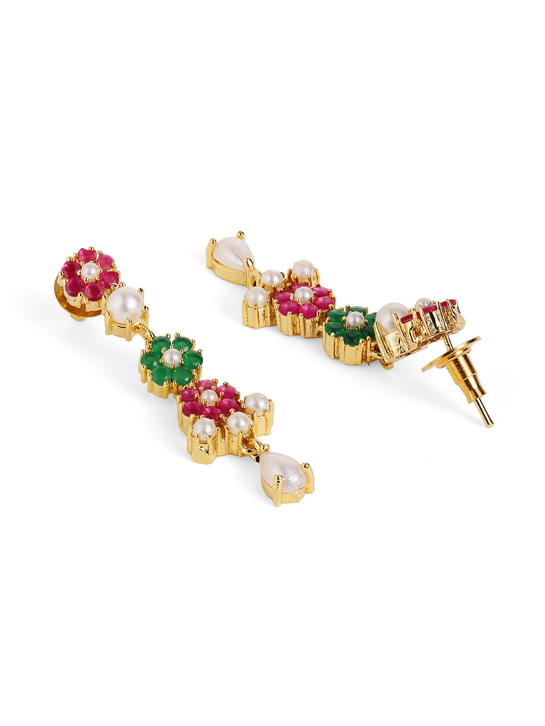 Multicolor Floral Pattern Pearl Gold Plated Necklace and Drop Earrings Jewellery Set