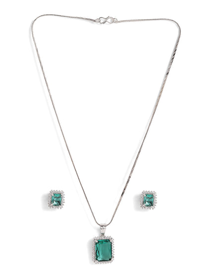 Mint Stoned Goemetric Elegance American Diamond Pendant Stud Earrings Jewellery Set