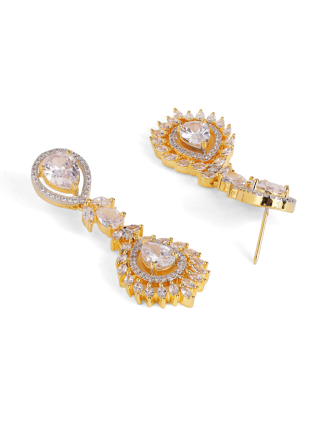 American Diamond Floral Pattern Gold Plated Necklace Drop Earrings Jewellery Set