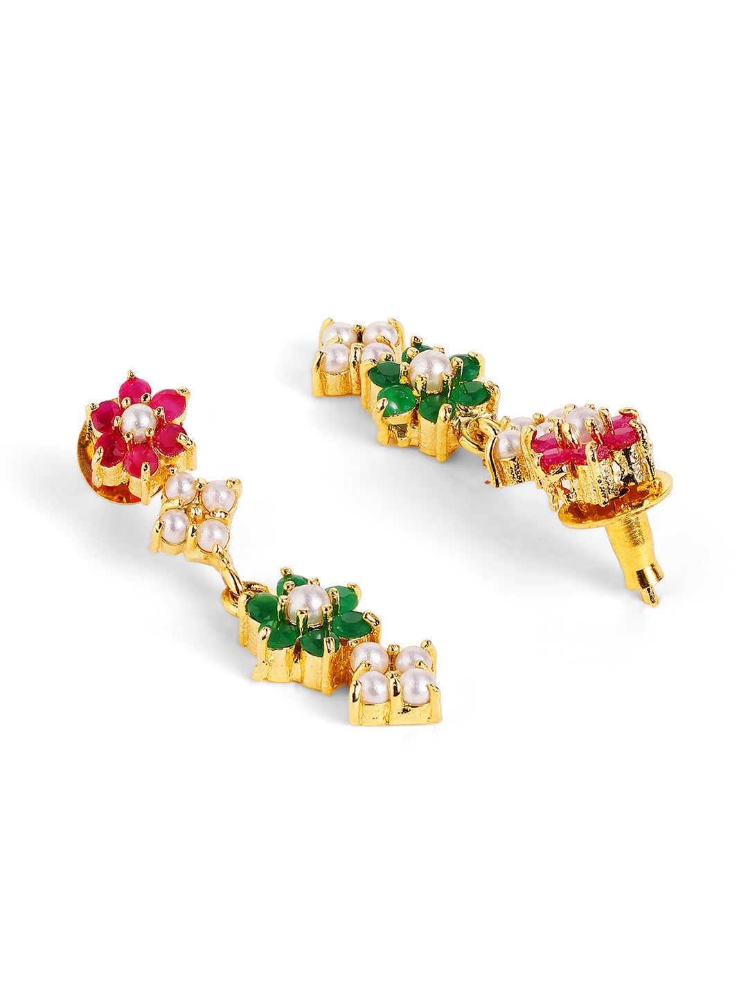 Floral Multicolor Stoned and Pearl Combo Gold Plated Necklace Drop Earrings Jewellery Set