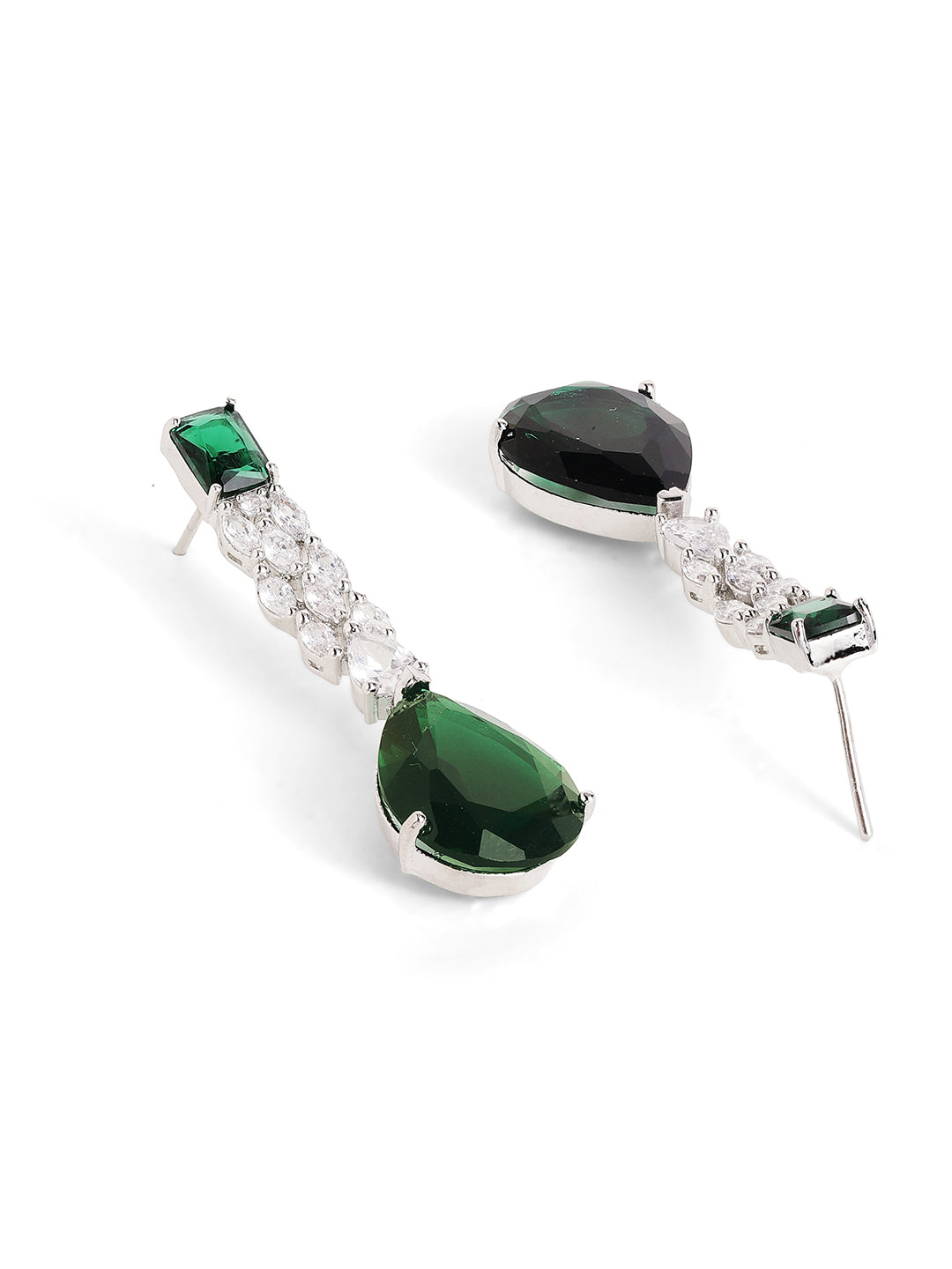 Drop Shaped Emerald American Diamond Silver Plated necklace and Drop Earrings Jewellery Set