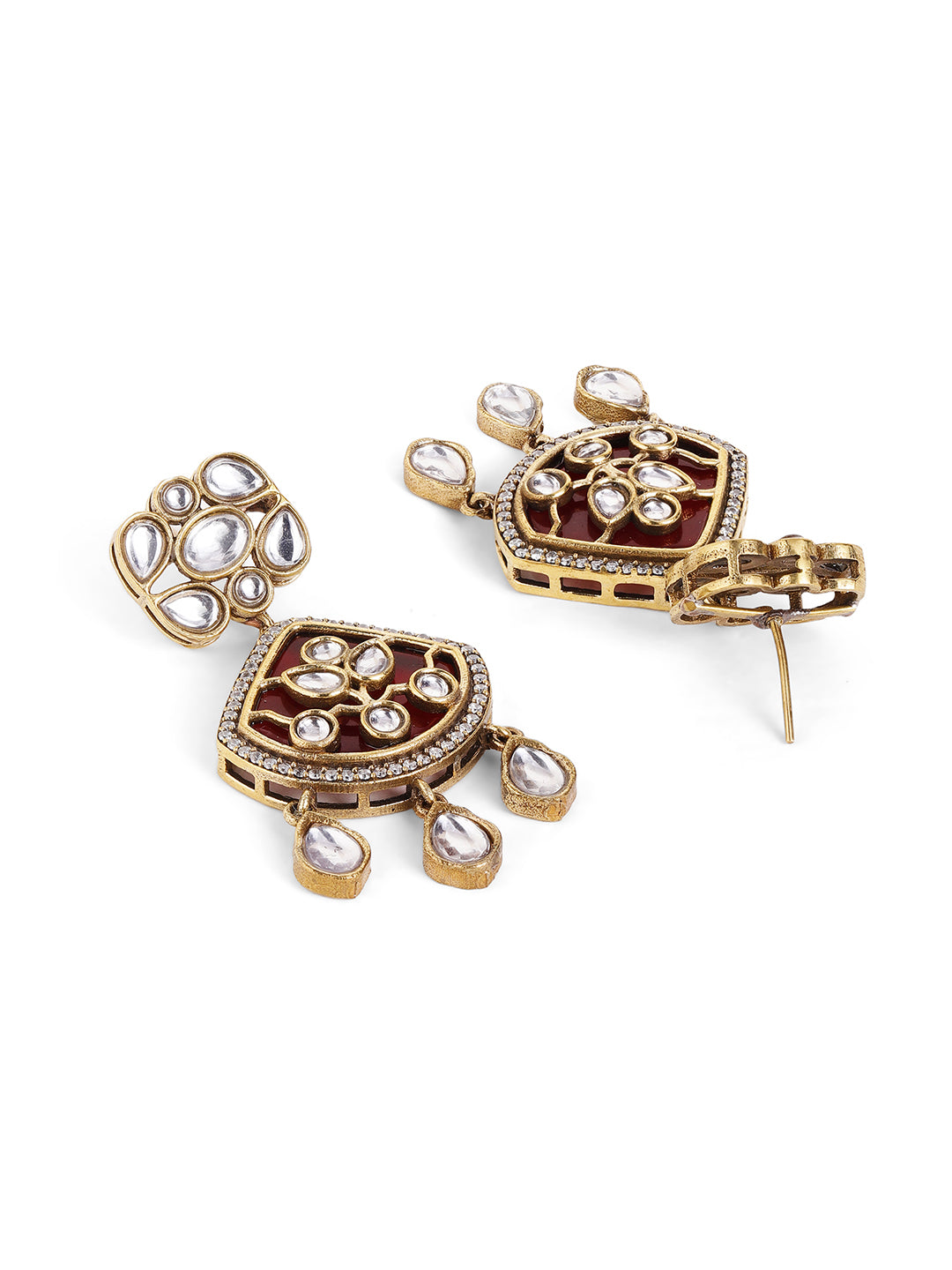 Red Stoned Polki Stonned Floral Elegance Necklace and Drop Earrings Jewellery Set