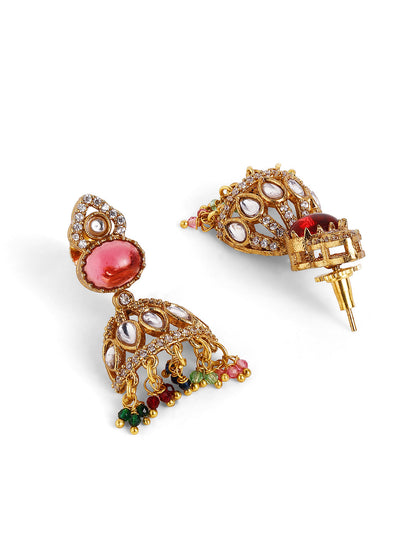 American Diamond Multicolor Statement Gold Plated Necklace and Jhumkis Jewellery Set