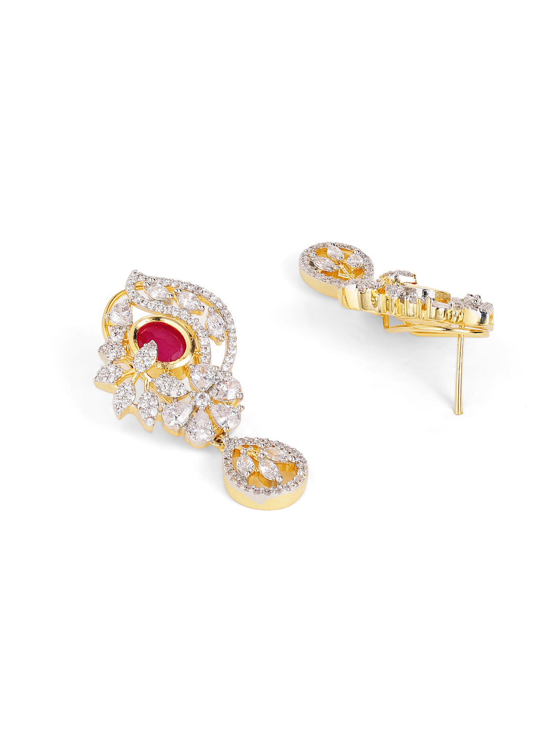 Red Stoned American Diamond Floral Pendant Gold Plated Drop Earrings Jewellery Set