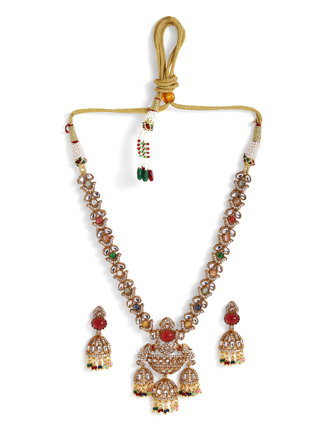 American Diamond Multicolor Statement Gold Plated Necklace and Jhumkis Jewellery Set