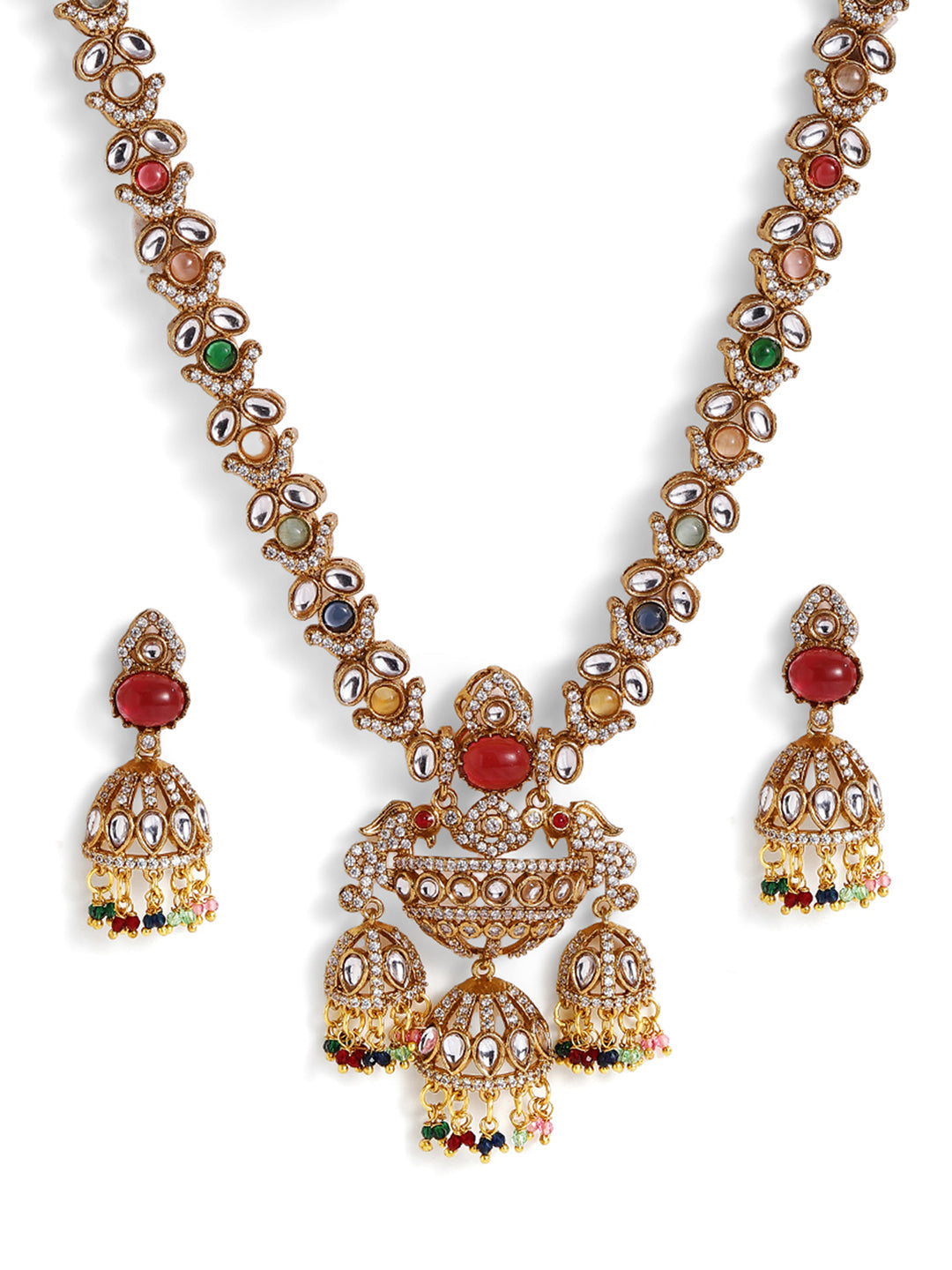 American Diamond Multicolor Statement Gold Plated Necklace and Jhumkis Jewellery Set