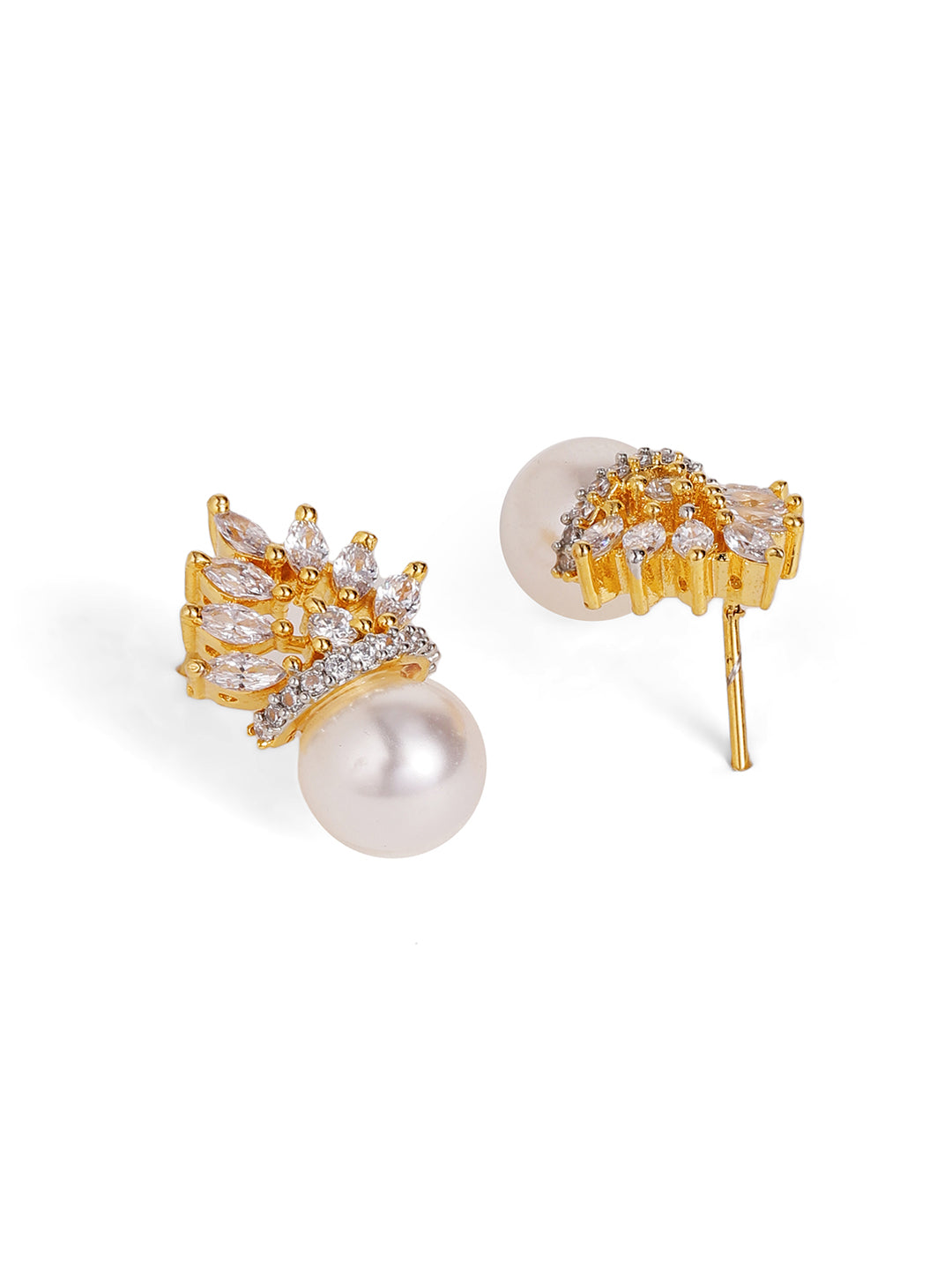 Floral American Diamond Gold Plated Pendant Pearl Drop Earrings Jewellery Set