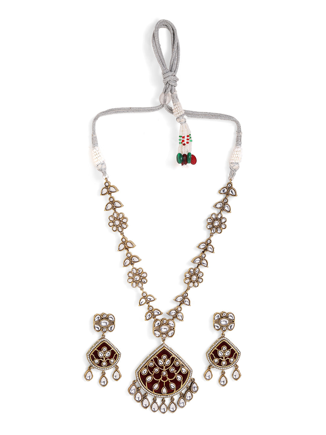 Red Stoned Polki Stonned Floral Elegance Necklace and Drop Earrings Jewellery Set