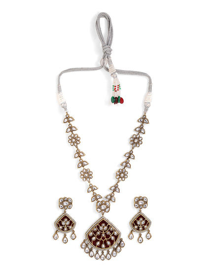 Red Stoned Polki Stonned Floral Elegance Necklace and Drop Earrings Jewellery Set