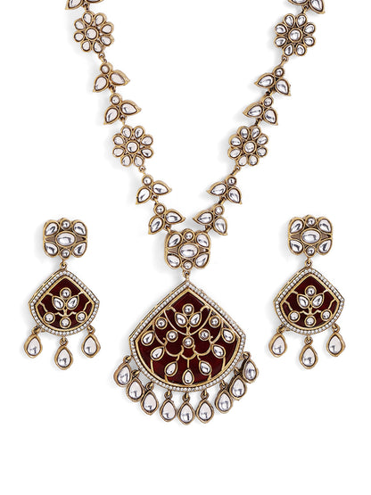 Red Stoned Polki Stonned Floral Elegance Necklace and Drop Earrings Jewellery Set