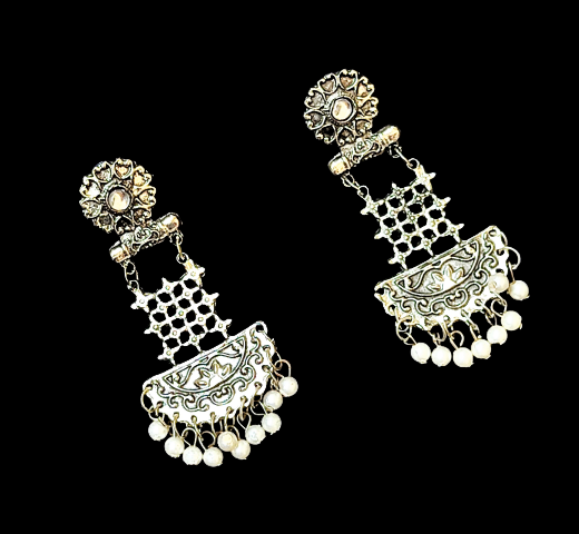Oxidized half moon check pattern earrings Earrings Ear Rings Earrings ethnic Trincket Jewellry Jewelry Jewellery