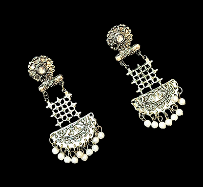 Oxidized half moon check pattern earrings Earrings Ear Rings Earrings ethnic Trincket Jewellry Jewelry Jewellery