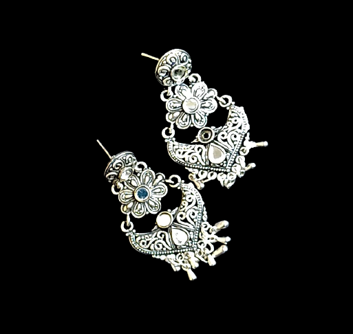Flower carved medium chandbali Silver Earrings Ear Rings Earrings ethnic Trincket Jewellry Jewelry Jewellery