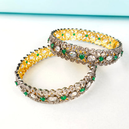 Victorian American Diamond Bangles Set - Openable Brass Gold Plated Bridal Jewelry