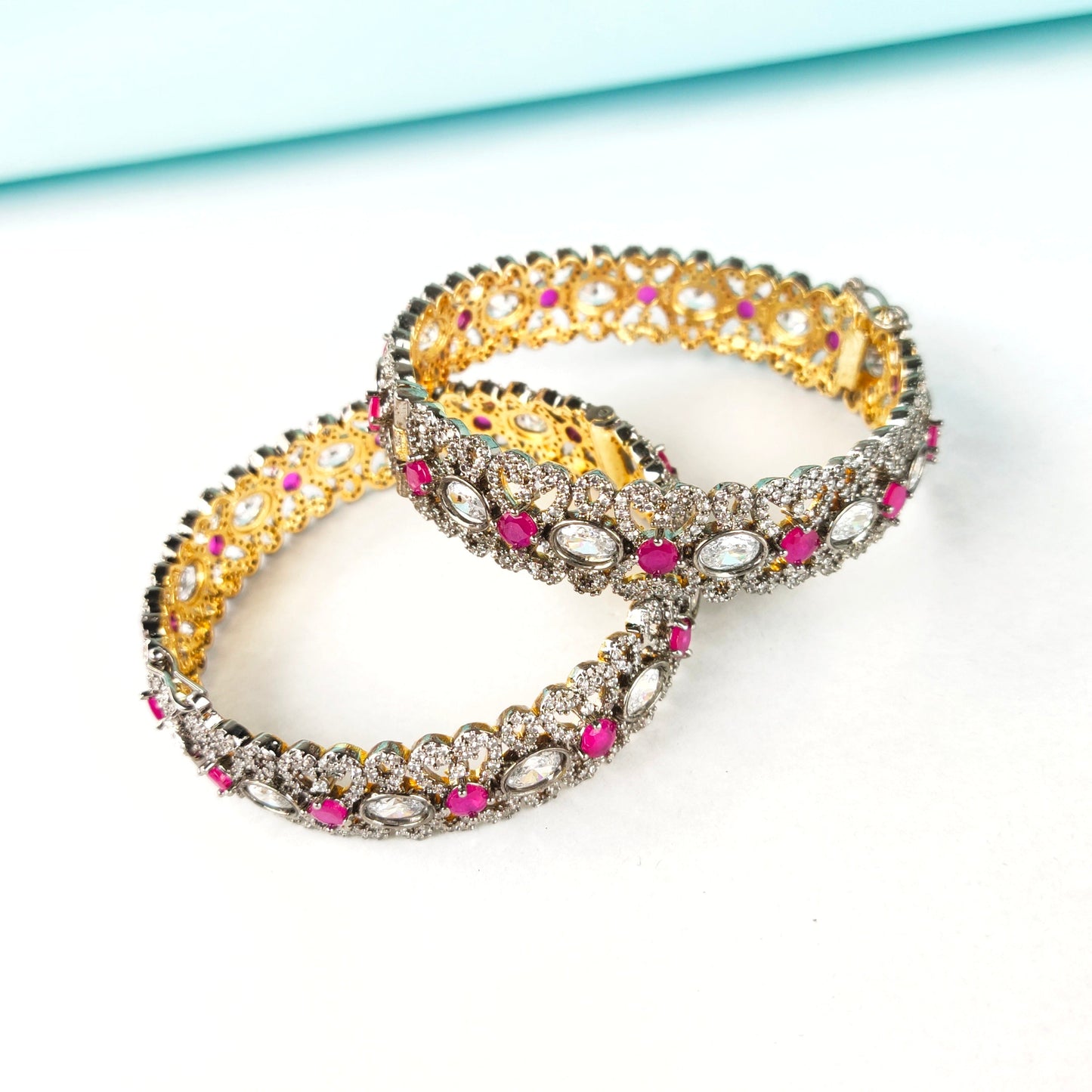 Victorian American Diamond Bangles Set - Openable Brass Gold Plated Bridal Jewelry