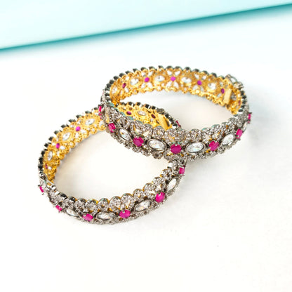 Victorian American Diamond Bangles Set - Openable Brass Gold Plated Bridal Jewelry