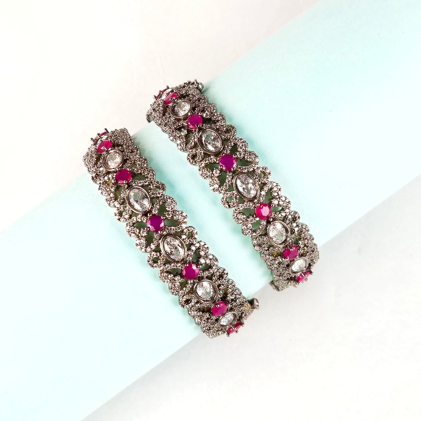 Victorian American Diamond Bangles Set - Openable Brass Gold Plated Bridal Jewelry