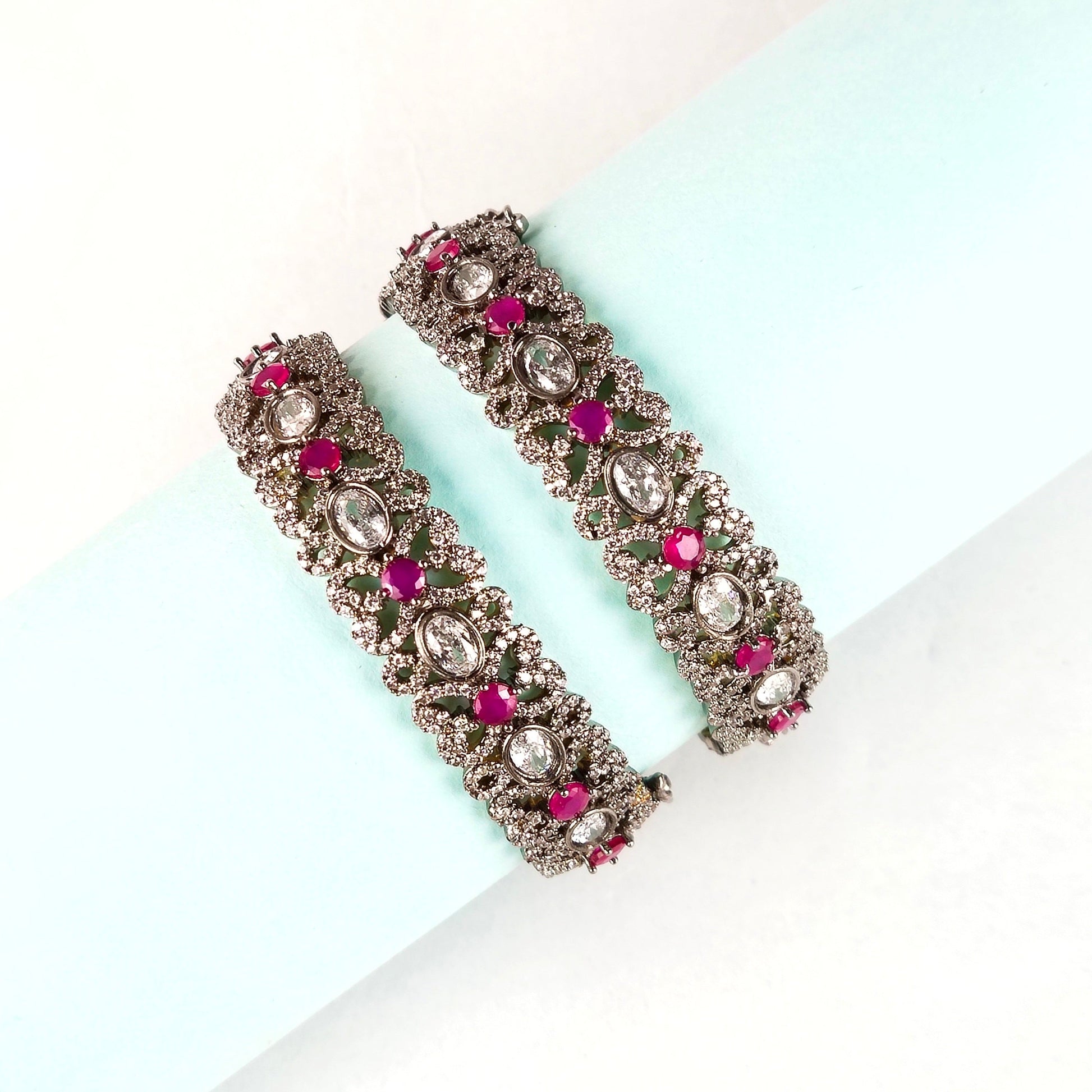 Victorian American Diamond Bangles Set - Openable Brass Gold Plated Bridal Jewelry